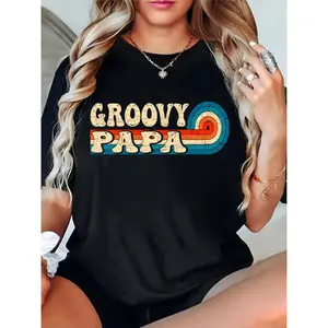 Men's Black T - Shirt with Vintage Distressed "Groovy Papa" Text & Retro Color - Block Target Graphic | Father's Day Gift for Dads, Casual Daily/Party Wear for Retro Style Enthusiasts