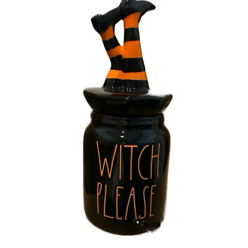 Halloween Canister - Black Jar with "Witch Please" Text & Witch Legs on Lid for Halloween Decor Bottles