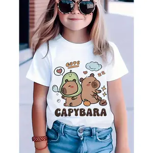 Cute capybara casual top T-shirt, playful and adorable cartoon print top clothing, new versatile kawaii black, white, and pink patterned T-shirt