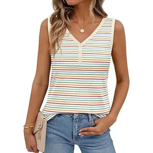 MEROKEETY Women's Summer Tank Tops 2026 Striped V Neck Sleeveless Casual Henley Shirts Colourful Button Cami Tee