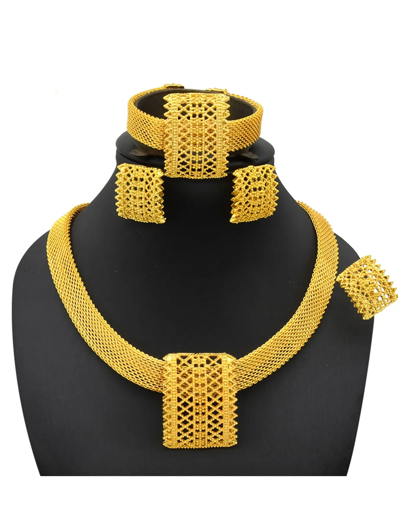 4-Piece Dubai Costume Jewelry Set, Hollow Design African Arab Style Necklace Bracelet Ring Earrings, Elegant Party Accessories Gift