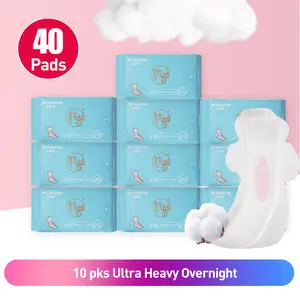10 Packs/40 Counts Zhuyin Ultra Long Night Sanitary Napkin, Organic Cotton Super Absorbency Menstrual Pads with Wings for 430mm Night Pads, Unscented, for Extremely Heavy Flow Feminine Pads Bundle