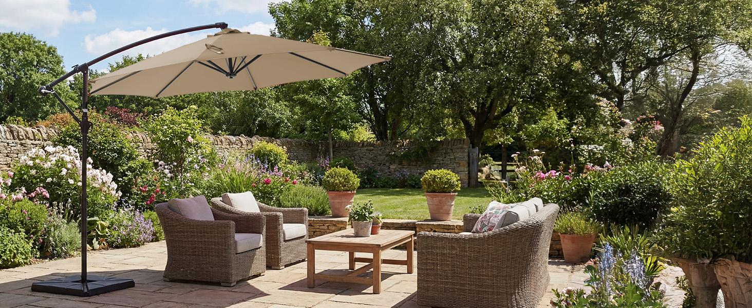 【With Base】10ft Offset Outdoor Patio Umbrella with Base, Easy Tilt & Crank, Adjustable Polyester Shade for Garden, Backyard, Poolside 【With Base】10ft Offset Outdoor Patio Umbrella with Base, Easy Tilt & Crank, Adjustable Polyester Shade for Garden, Backyard, Poolside