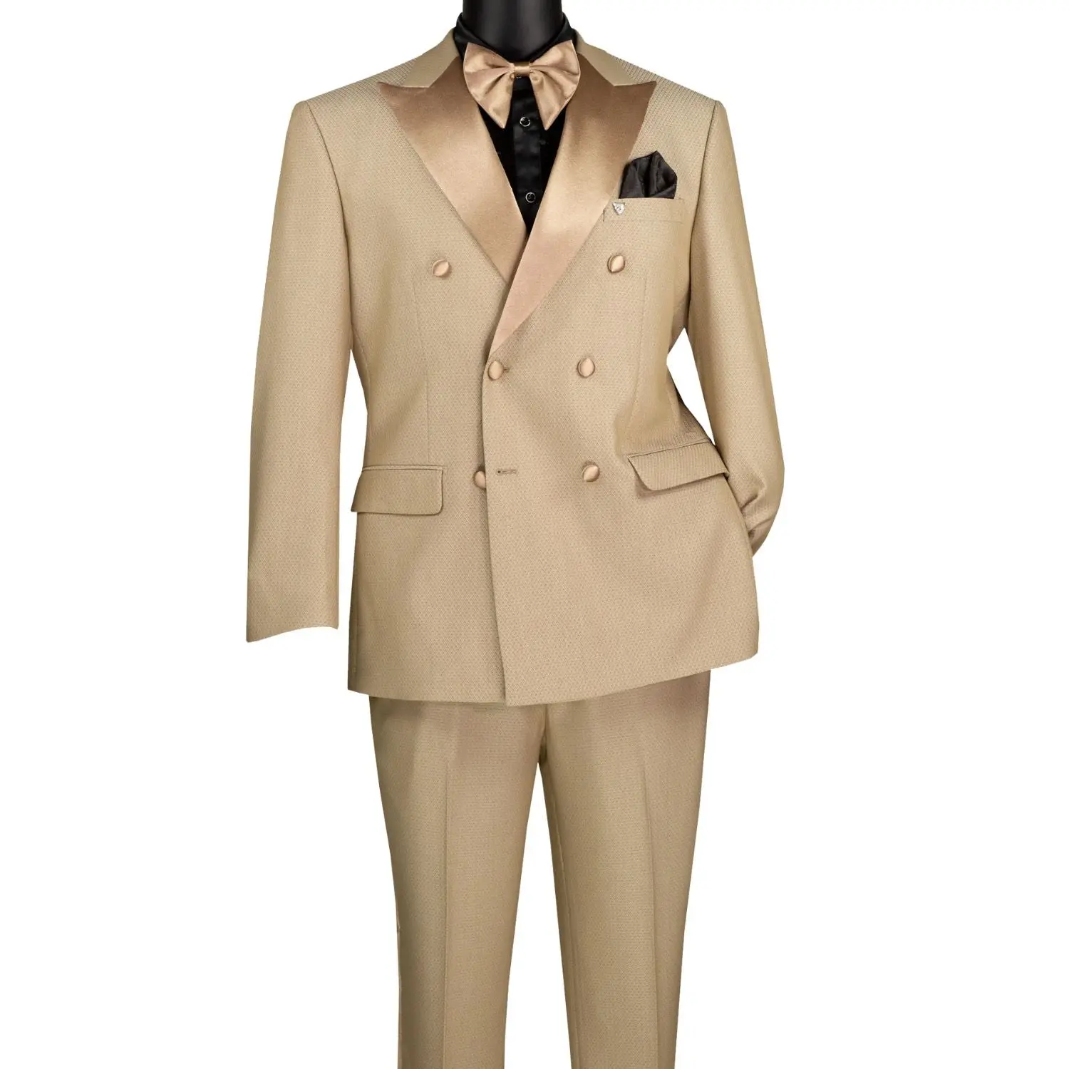 Men’s 2-Piece Double-Breasted Tuxedo with Satin Peak Lapel and Flat Front Pants - Beige