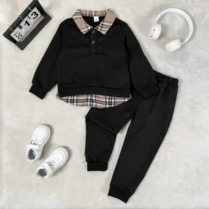 Ready Stock 4-7Y Toddler Kid Boys Fall Winter Oufits Plaid  Patchwork Long SLeeve Lapel Tops + Pants 2Pcs Casual Clothes Black