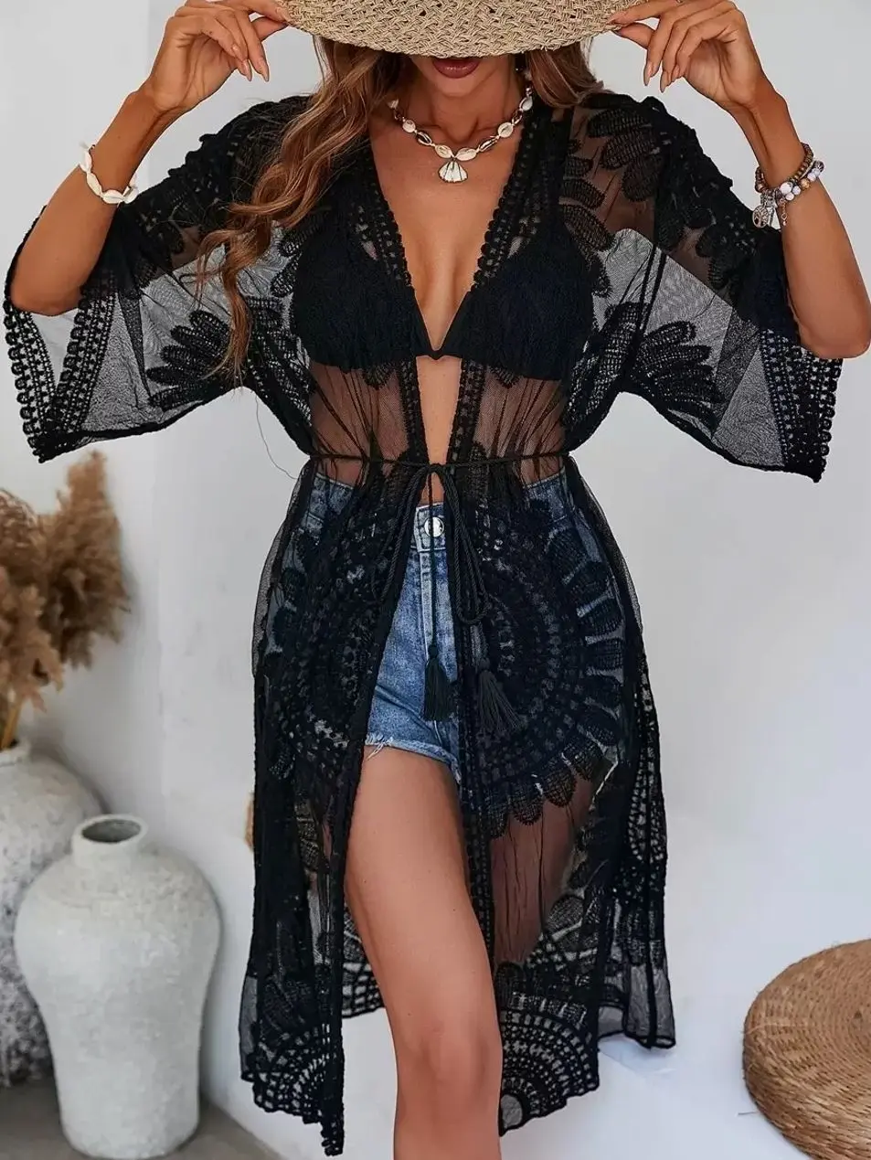 Women's Black Boho Embroidered Lace Kimono Cover-Up | Sheer Mesh Long Duster Cardigan with Tassel Tie Waist | Festival Beachwear