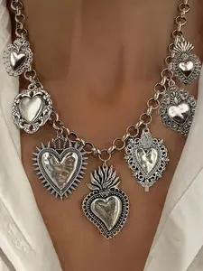 Vintage Gothic Silver Color Heart Tassel Pendant Necklace, Fashionable Chain Decorated, Punk Style Women's Party Creative Design Jewelry, Unique Fashion Accessory, Heart Shaped Necklace