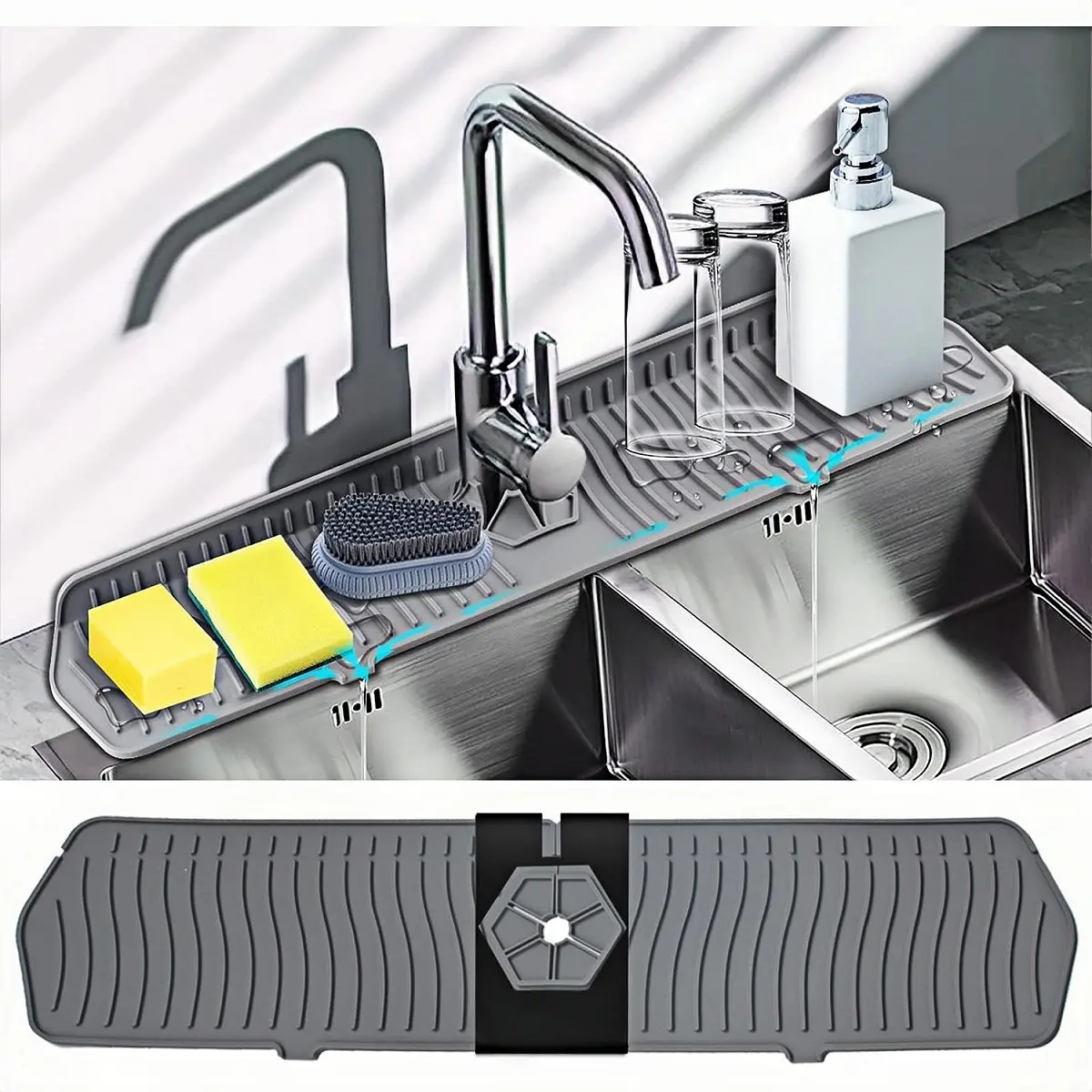 Silicone Faucet Drip Catcher & Sink Organizer, XXL Splash Guard Mat with Drainage for Kitchen & Bathroom Countertops - Keeps Dry & Organizes Sponges