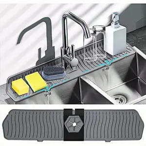 Silicone Faucet Drip Catcher & Sink Organizer, XXL Splash Guard Mat with Drainage for Kitchen & Bathroom Countertops - Keeps Dry & Organizes Sponges