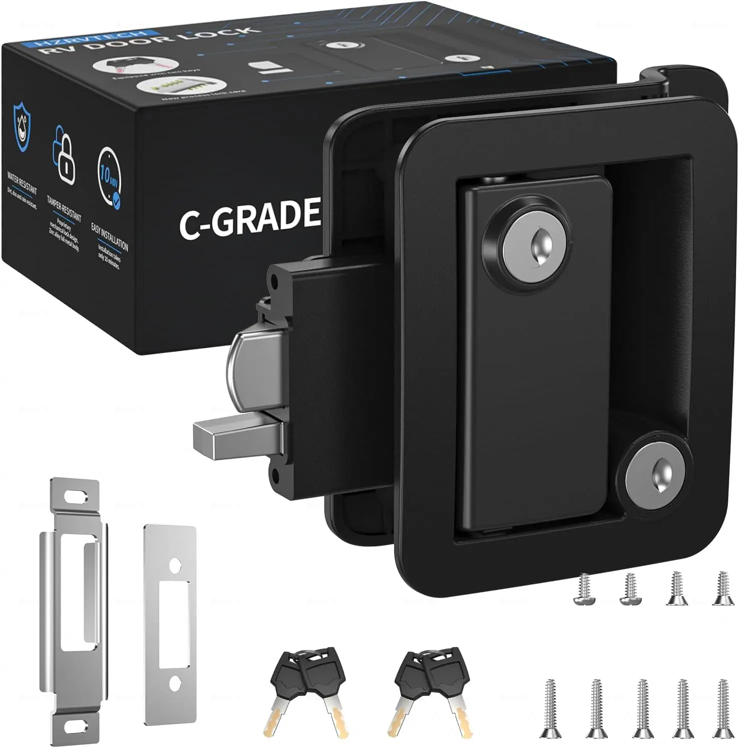 Upgraded RV Door Lock Replacement with Paddle Strike, Black RV Door Latch Suitable for Replacing  RV Door Handle Camper Door Lock Travel Trailer Lock and Camper Door Latch(4 )