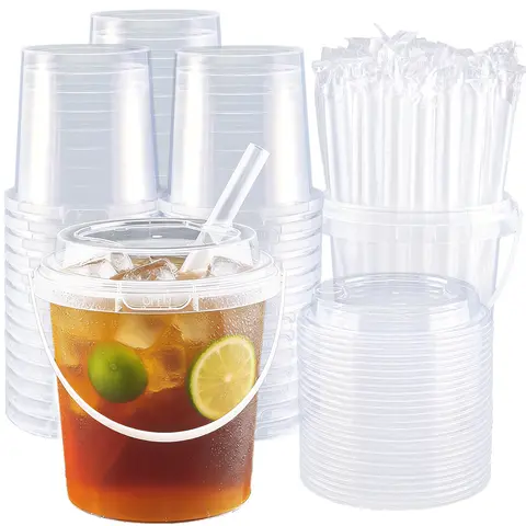 20/60 Set Thick 25 oz BPA-Free Plastic Drink Buckets with Lids, Straws & Handles - Food-Safe, Reusable, Disposable, Compostable Party Supplies for Beach, Road Trips, Pool Use - Sohochic Kitchen Drinkware