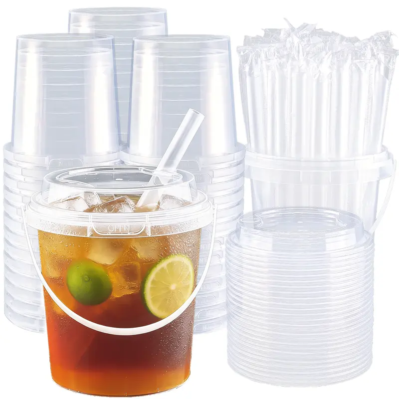 20/60 Set Thick 25 oz BPA-Free Plastic Drink Buckets with Lids, Straws & Handles - Food-Safe, Reusable, Disposable, Compostable Party Supplies for Beach, Road Trips, Pool Use - Sohochic Kitchen Drinkware