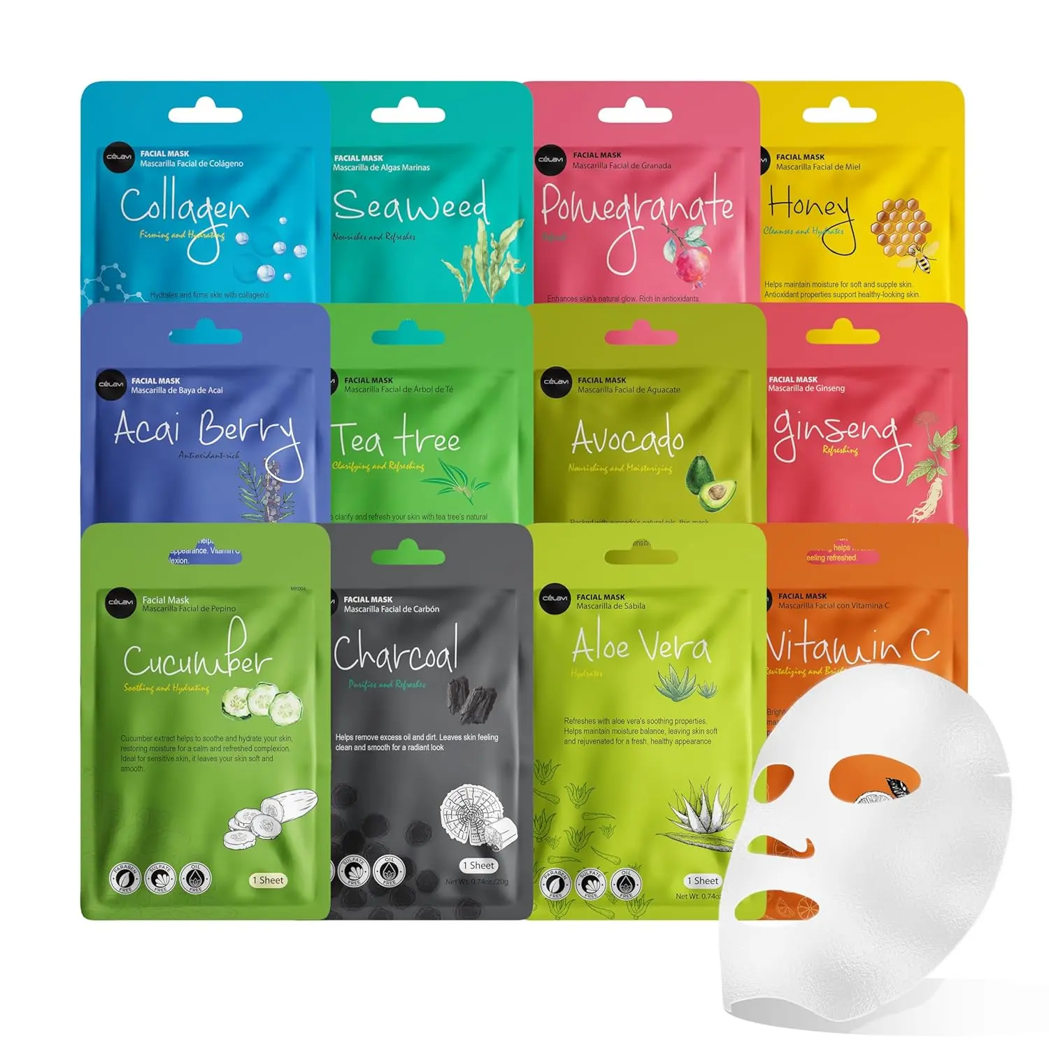 Essence Facial Sheet Face Mask Variety Set Classic Authentic Korean Moisturizing Skincare (12-Packs) | Twelve essence formulas, individually wrapped. Korean spa gift set for women, teens, girls. Collagen, aloe, charcoal.