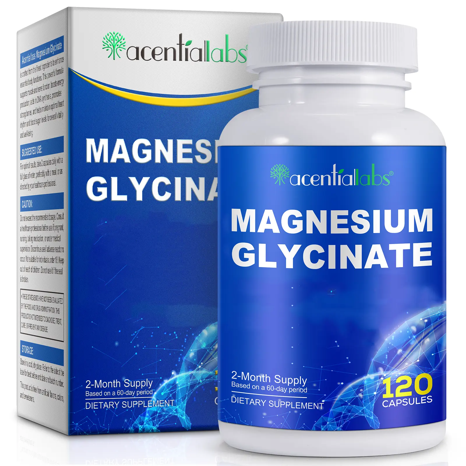 Acentiallabs Chelated Magnesium Complex Dietary Supplement - 8 Elemental 1000mg (Glycinate, Citrate, Malate, Taurate), GMO-Free, Sugar-Free, 90 Capsules, Fitness, Bone Density, Selfcare Support