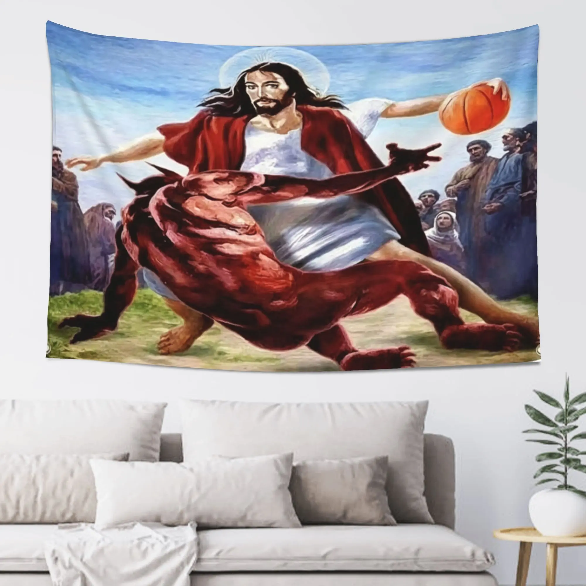3x5 Ft Casual Jesus vs Devil Basketball Funny Meme Polyester Banner - Heavy-Duty 150D Thick Synthetic Flag, Brass Grommets, HD Vivid Painting, Wrinkle Resistant, Dorm-Ready Decor, College Student Gift