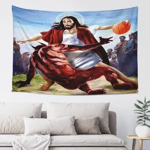 3x5 Ft Jesus vs Devil Basketball Funny Meme Banner, Heavy-Duty 150D Polyester Flag, College Dorm Wall Decor, Indoor Outdoor Hanging Poster, Party Gift for Home Supplies