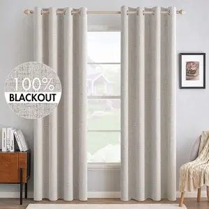 100% Blackout Linen-Style Drapes, 2-Piece Set, Hole Punch Design, Full Light Block, Insulated, Noise Reduction, Living Room Bedroom Decor