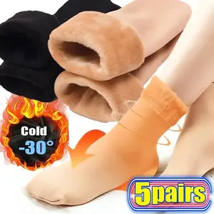 5Pairs Winter Warm Solid Women Socks Thicken Thermal Socks Wool Cashmere Black Skin Seamless Snow Sock Velvet Unisex Socks Womenswear Bridal, Cozy Socks, Socks Set