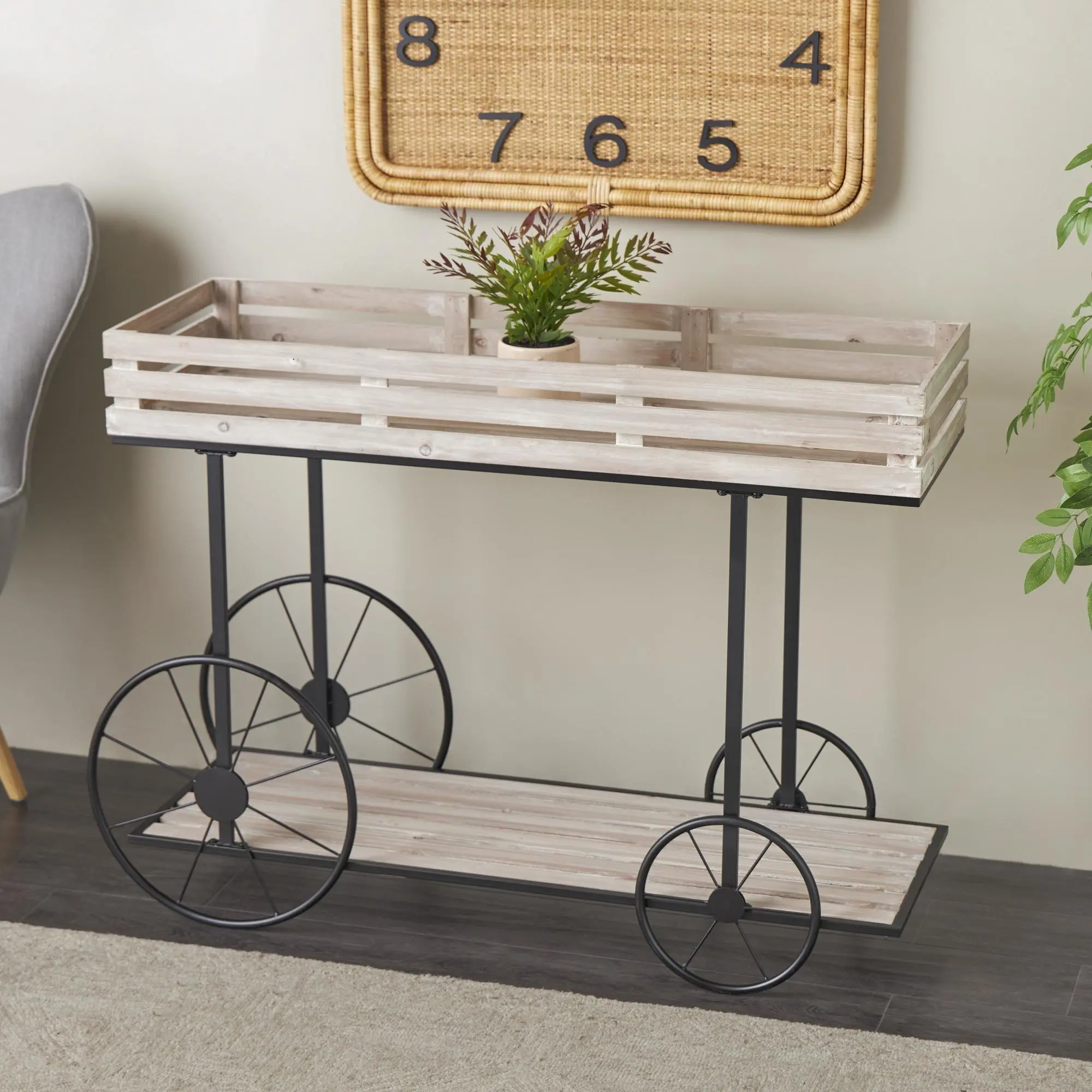 Indoor Rustic Fir Cream Rectangular Wheelbarrow Plant Stand with 1-Shelf Design, Farmhouse Style for Living Rooms, 1 Carton, 18 Lbs (Single Shelf Option Included)