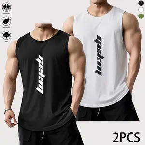 Set of 2 men’s sports tank tops—breathable, with letter print. Essential for summer running workouts, fitness activities, and everyday wear. Summer menswear, men’s tops.,summerwins