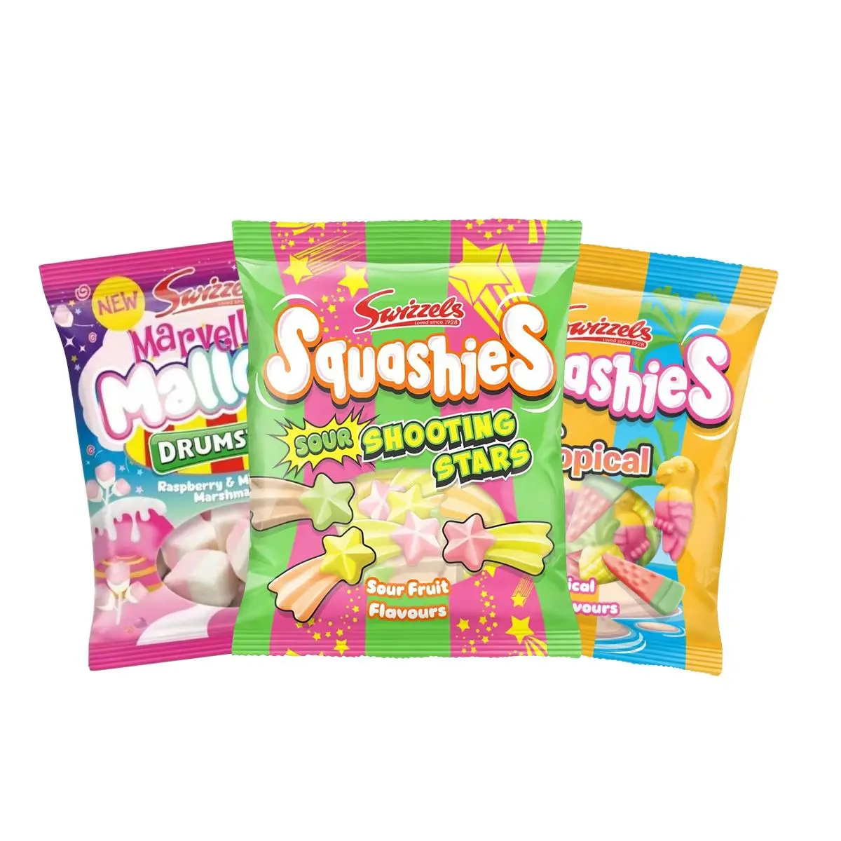 Swizzles Squashies Drumstick Candy 3 Pack Bundle - Tropical Sour Shooting Stars & Marvellous Mallows - 120g Each - Imported from the UK