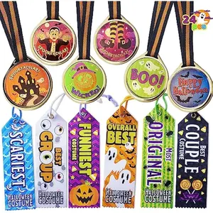24 PCS Halloween Medals Trophies with Ribbons for Kids Children Party Award Celebration and Spooky Contest Rewards, Halloween Party Favors Supplies for Carnival Game Prizes