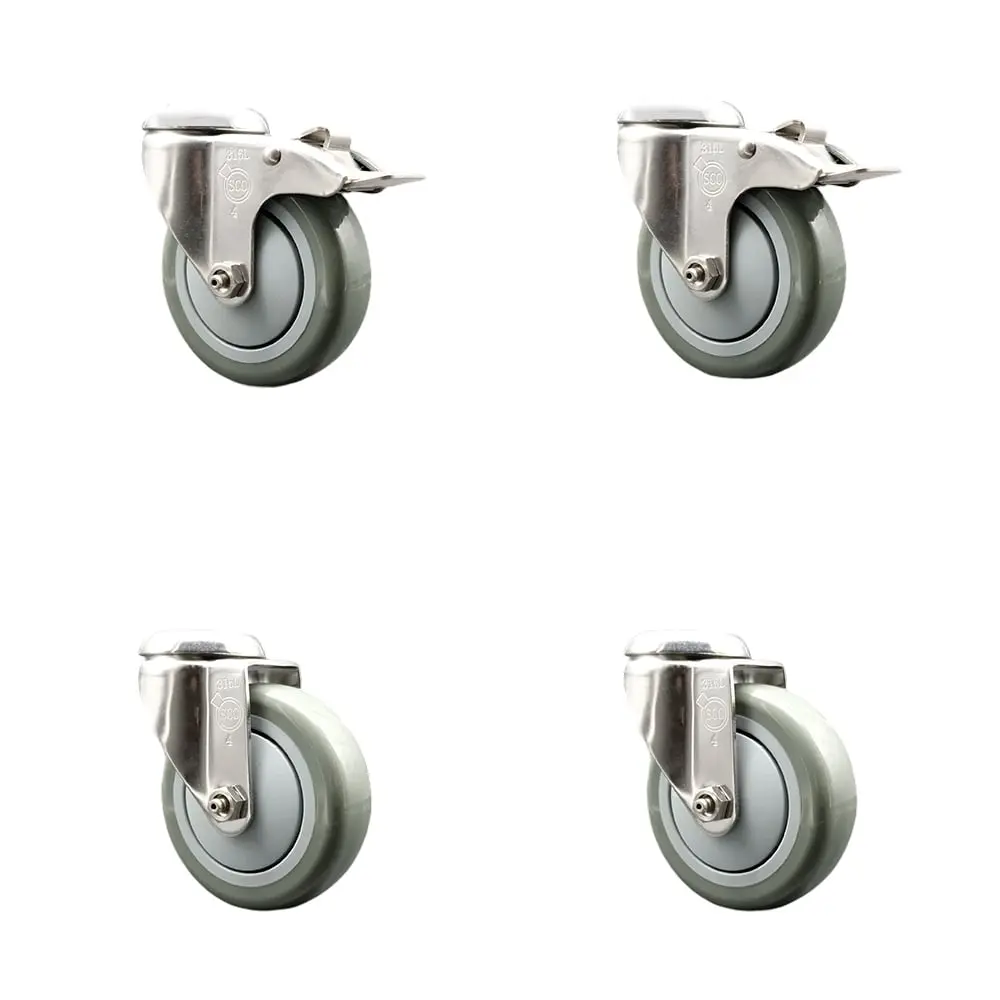Service Caster SCC-SS316BHTTL20S414-PPUB-2-S-2 Polyurethane Swivel Bolt Hole Caster with 4 in. Gray Caster Wheels 316 Stainless Steel Casters - Set of 4