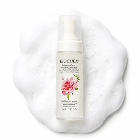 BIOCHEM Bulgarian Rose Foaming Mousse Facial Cleanser - Vitamin C, Rose Flower, Hyaluronic Acid, Glycerin - Gentle Daily, Lightweight Moisturize Hydrate Brighten + Tone Wash for Sensitive, Combination Skin Solutions - 5.75 fl. oz.