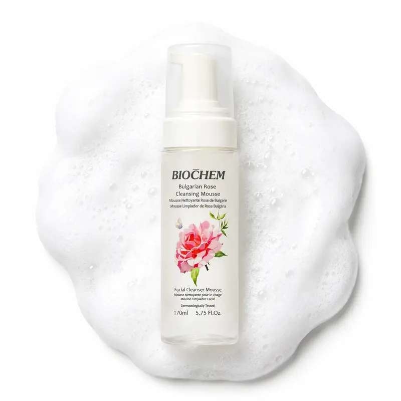 BIOCHEM Bulgarian Rose Foaming Mousse Facial Cleanser - Vitamin C, Rose Flower, Hyaluronic Acid, Glycerin - Gentle Daily, Lightweight Moisturize Hydrate Brighten + Tone Wash for Sensitive, Combination Skin Solutions - 5.75 fl. oz.