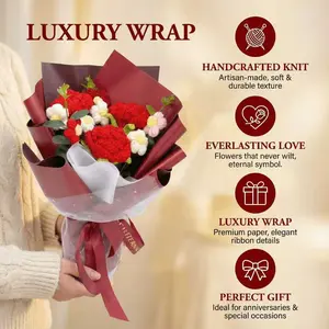 Handmade Rose Knitted Bouquet, 3 Roses & 5 Small Puff Flowers with Leaves, Perfect for Valentine's Day, Mother's Day, Easter, Graduation Gifts