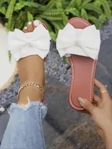 Women's Bowknot Design Slides, Boho Style Slides, Casual Comfortable Flat Slippers for Beach, Fashionable Barefoot Shoes for Indoor & Outdoor Wear, Girl, Boho Style Sandal, Flat Sandals