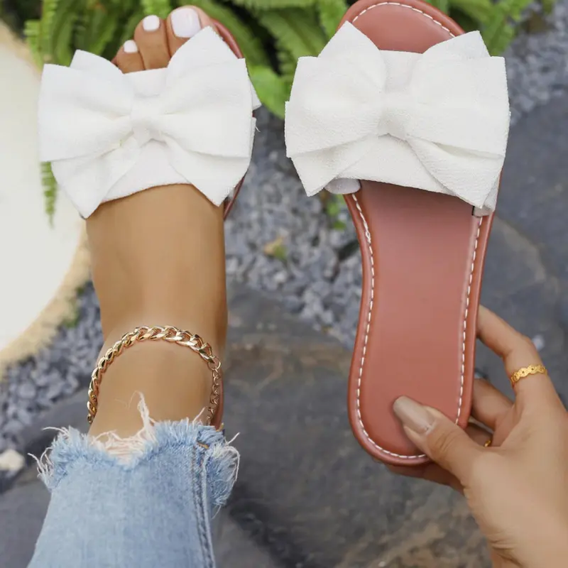 Bow Decor Sandals, Non Slip Sandals, Elegant Fashionable Sandals, Sweet Luxury French Style, Soft Elastic Flat Anti-Slip Wear-Resistant, Casual Summer Beach Shoes for Women