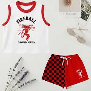 Fireball Whiskey Women’s Crop Top and Sport Shorts Set, Red Black Checkerboard Flame Graphic Outfit, Gift for Her