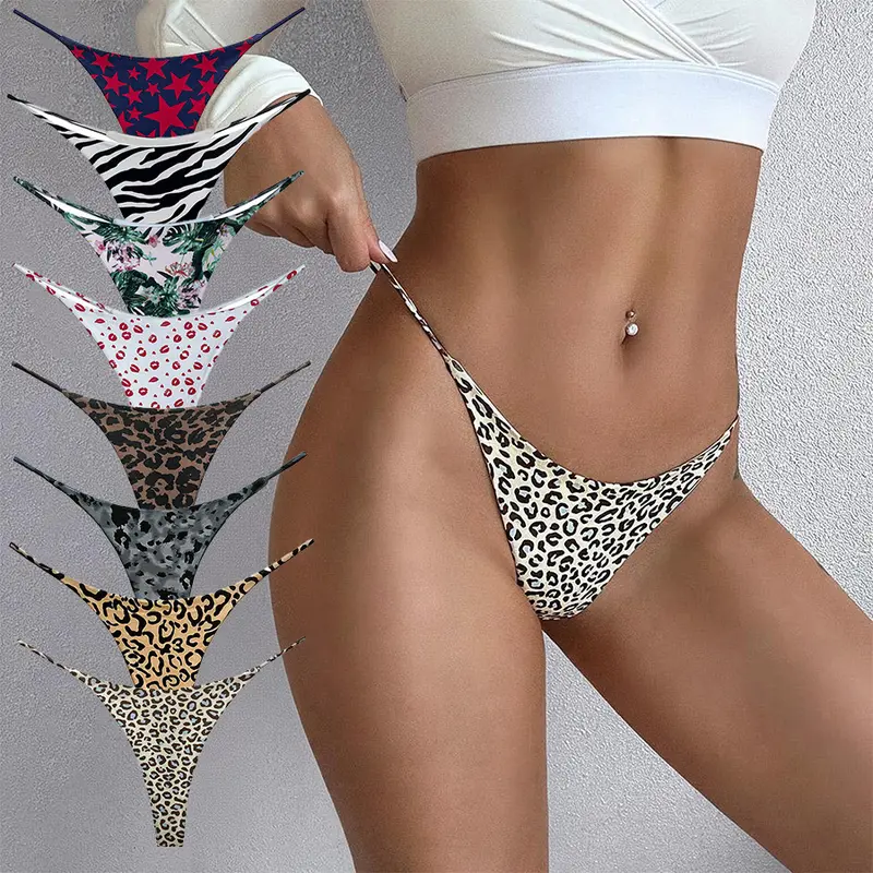 4pcs Womens Low Rise Thong Panties Bikini Underwear Set Sexy Thin Strap Printed Lingerie Cute Comfortable Breathable Everyday Holiday Date Party Elegant Soft Stretch Waistband Womens Panties Pack Womenswear Gift for Self Womens Wife Lover