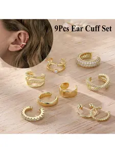 9 Pcs Ear Cuffs Clip Earrings Set for Women Men 14K Gold Plated Cubic Zirconia Ear Clips Non Pierced Cartilage Ear Cuff Trendy Lightweight Jewelry Set