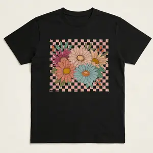 Vintage Floral Shirt, Retro Checkered Flowers Shirt, Womens Graphic Tee, Boho Wildflowers Cottagecore Shirt, Gift For Women