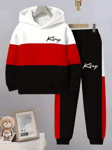 Boys' 3D Striped Hooded Sportswear Set, Sports Suit Set, Casual Fitted Sweatshirt and Pants, Outdoor Activities, All Seasons