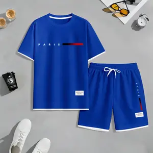 Men's PARIS Letter Printed Crew Neck T-Shirt & Drawstring Shorts Set Casual Athletic Short Sleeve Top and Shorts Outfit Spring Summer Daily Wear Sportswear Indoor Outdoor Tracksuit Athleisure 100% Polyester Loose Fit Soft Breathable