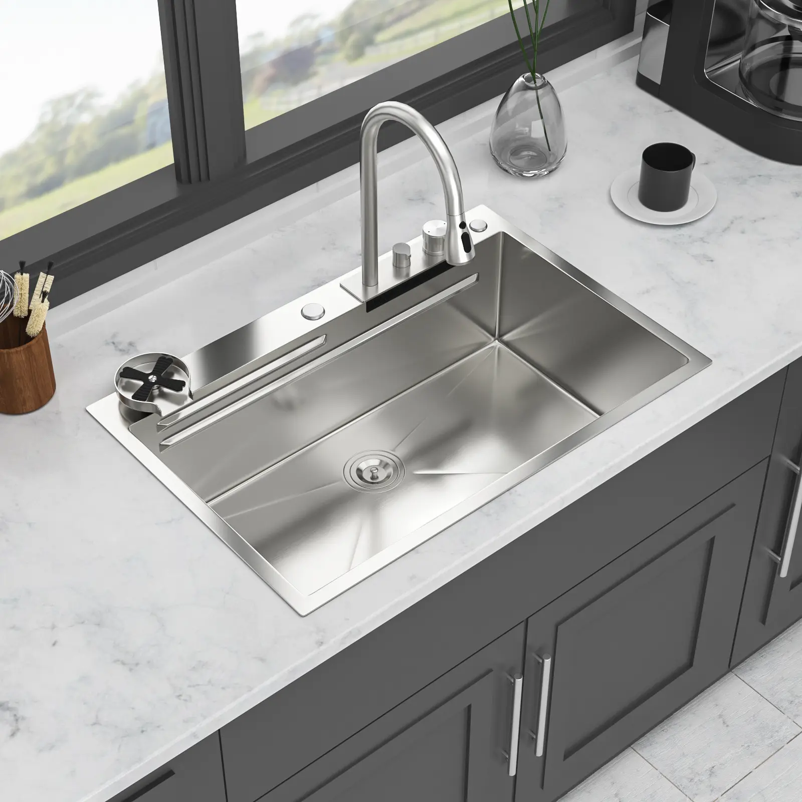 Single Bowl 33-Inch Drop-In Waterfall Kitchen Sink with Workstation Ledge, 16-Gauge Stainless Steel, Includes Pull-Down Faucet and Cup Washer, Brushed Nickel