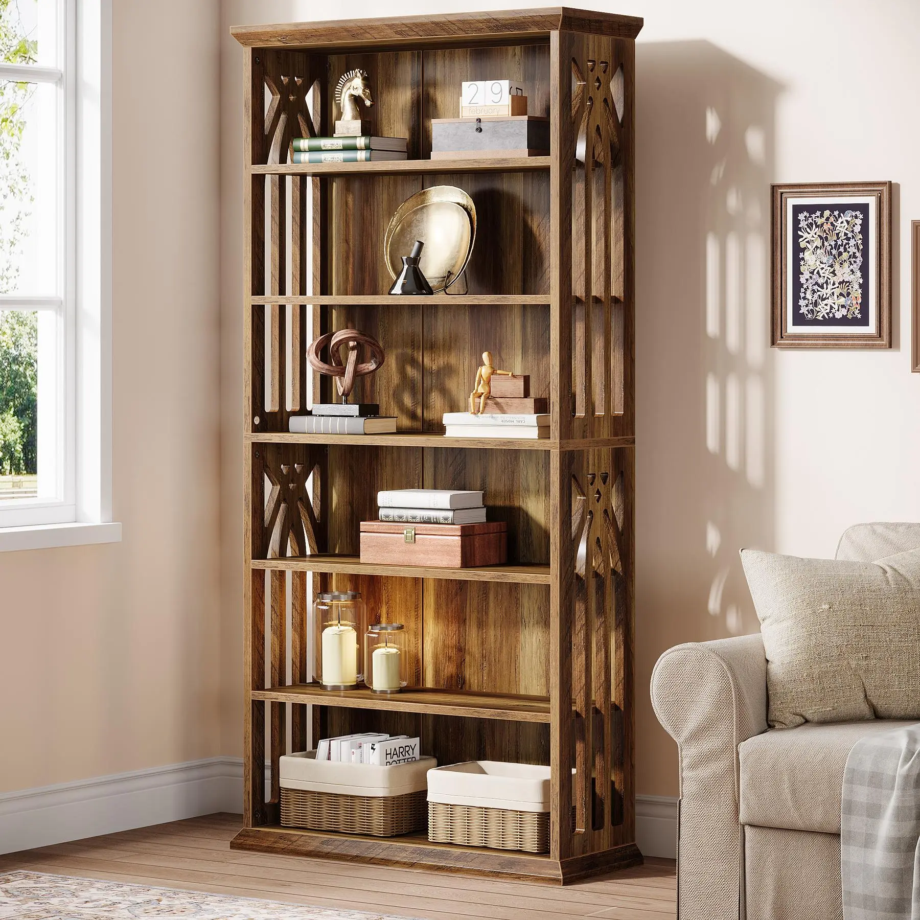 TRIBEWOOD 6-Tier MDF Wood Bookshelf - 74.8 in Tall Freestanding Display Shelf with Adjustable Tiers, Rustic Look, Thickened Base, 31.5 in L x 11.81 in W x 74.8 in H, Easy-to-Maintain for Living Room, Home Office