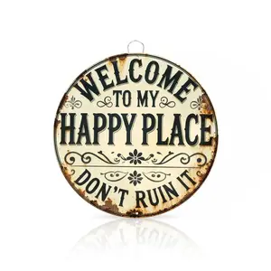 Welcome Sign for Front Door Round Metal Welcome to My Happy Place Plaque for Home Office Bedroom Kitchen Dining or Bar Decor 8x8in/12x12in