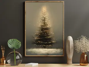 Minimalist Christmas Tree Canvas Print, Glowing Winter Forest Poster Print, Tranquil Holiday Wall Art Decor