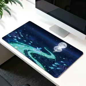 Premium Angel Rowing Boat On Starry Sea With Moon And Glowing Fish Illustration High Quality Mouse Pad Modern Office Gaming Comfort Experience Non Slip Durable For Daily Work And Play  40*80 Size.
