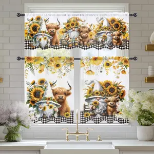 3pcs [Sunflower Sheer Curtains] 2pcs Sheer Curtains and 1pc Valance Garden Sunflower and Highland Cow Gnome Print Rod Pocket Sheer Drapes for Bedroom, Office, Kitchen, Living Room, Study, and Home Decor