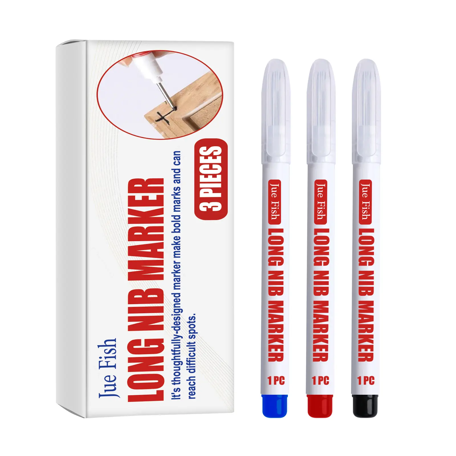JUE FISH Long-Nose Deep Hole Marker – Waterproof Woodworking Marker for Wood, Furniture, Multi-Color Durable Marking Pen