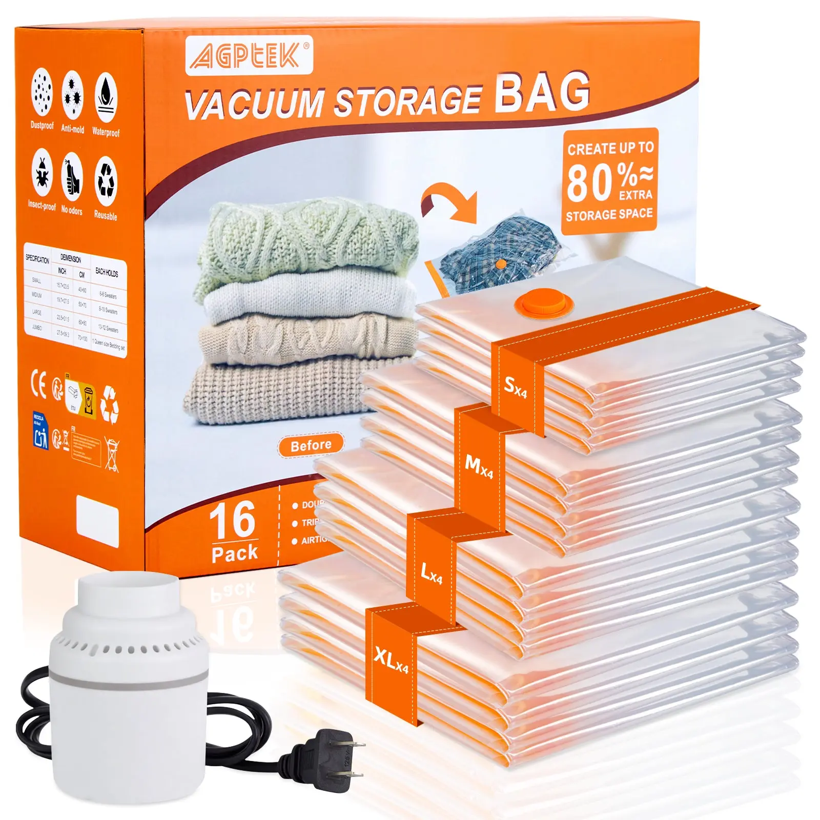 AGPTEK 16 Pack Vacuum Storage Bags(4 Jumbo/Large/Medium/Small) Compression Storage Bags for Blankets Clothes, Space Saver Vacuum Seal Bags for Clothing Bedding Travelling Luggage (Electric Pump)