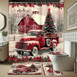 4pcs Merry Christmas truck and Christmas tree, Christmas tree and star, exquisite shower curtain set, non-slip floor mat, U-shaped carpet, toilet cover, perfect for bathroom decoration, partition, beautify the space, 12 shower curtain hooks are given