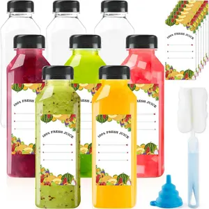 8 count Plastic Juice Bottles with Caps, 16Oz Plastic Bottles with Label,  Clear Bulk Beverage Containers for Juice, Empty Bottle for Juicing, Drinking, Smoothie and Other Beverages
