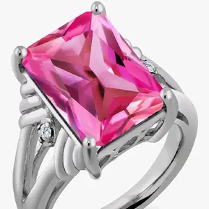 925 Sterling Silver Pink Created Sapphire and White Diamond Engagement Ring For Women (10.03 Cttw, Gemstone September Birthstone, Emerald Cut 14X10MM, Available in Size 5,6,7,8,9)