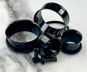 PAIR of Unique Black PVD Plated 316L Surgical Steel Single Flare Tunnels/Plugs with O-Rings - Gauges 10g (2.6mm) thru 1" (25mm)